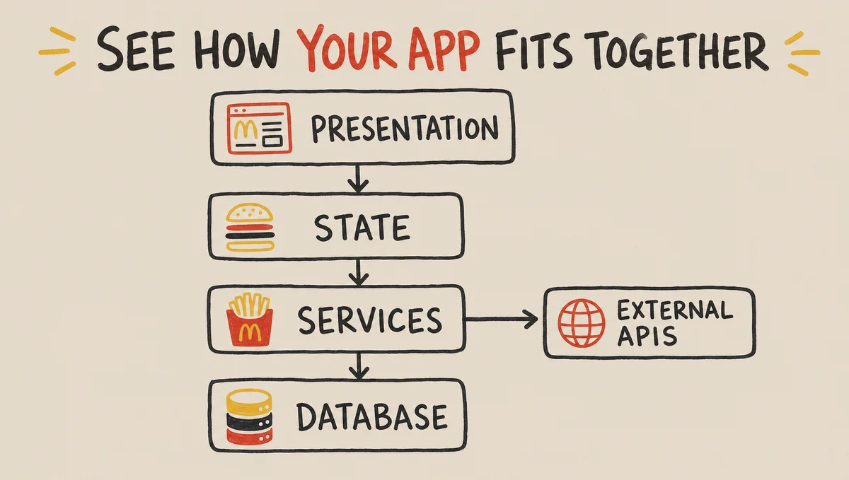 Hand-drawn architecture diagram a vibe-coder might generate: a presentation layer connecting down through front-end state, a service layer, a database, and external edge services — showing how an app's parts fit together.