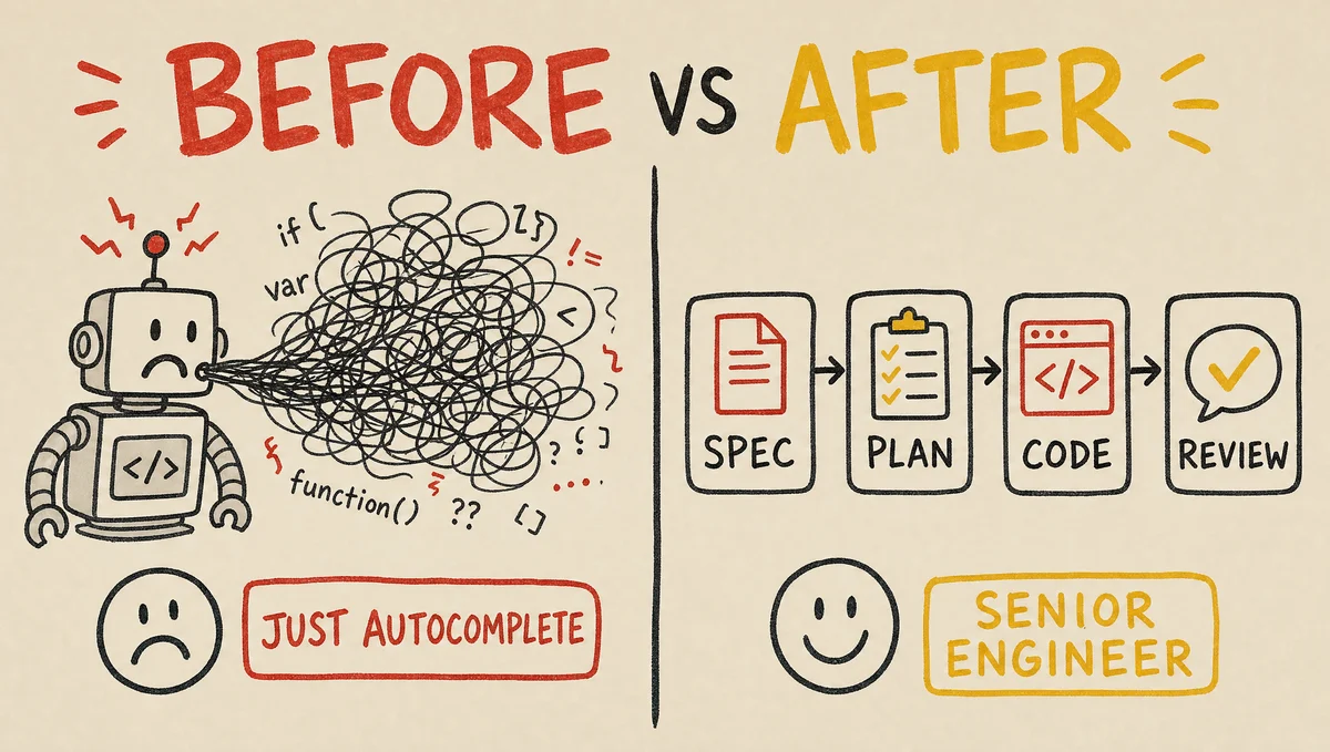 Hand-drawn before-and-after: on the left a plain agent dumping messy code, on the right the same agent first writing a spec and a plan, then code, then a review — the discipline these methodology repos add.