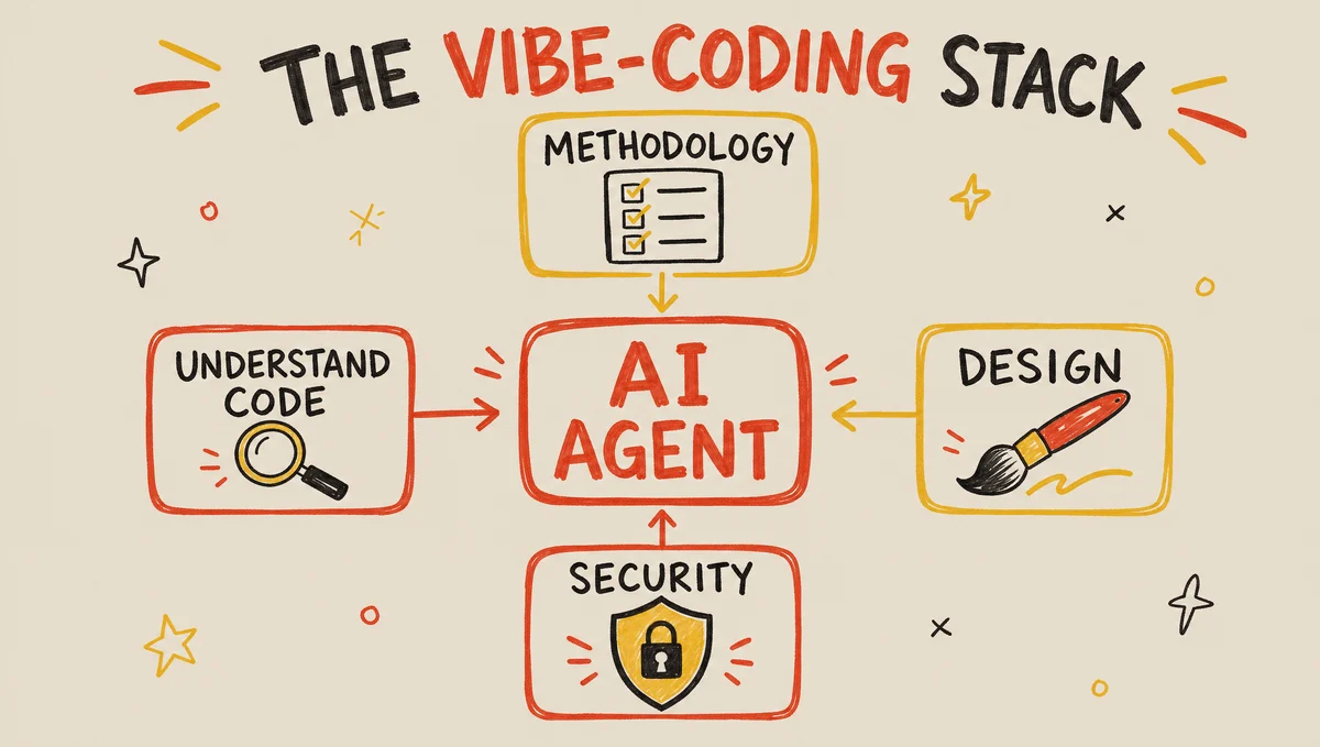 Hand-drawn diagram of the vibe-coding stack: an AI coding agent in the centre wrapped by four layers — methodology, design, understand-the-code, and security — each labelled with the kind of repo that fills it.