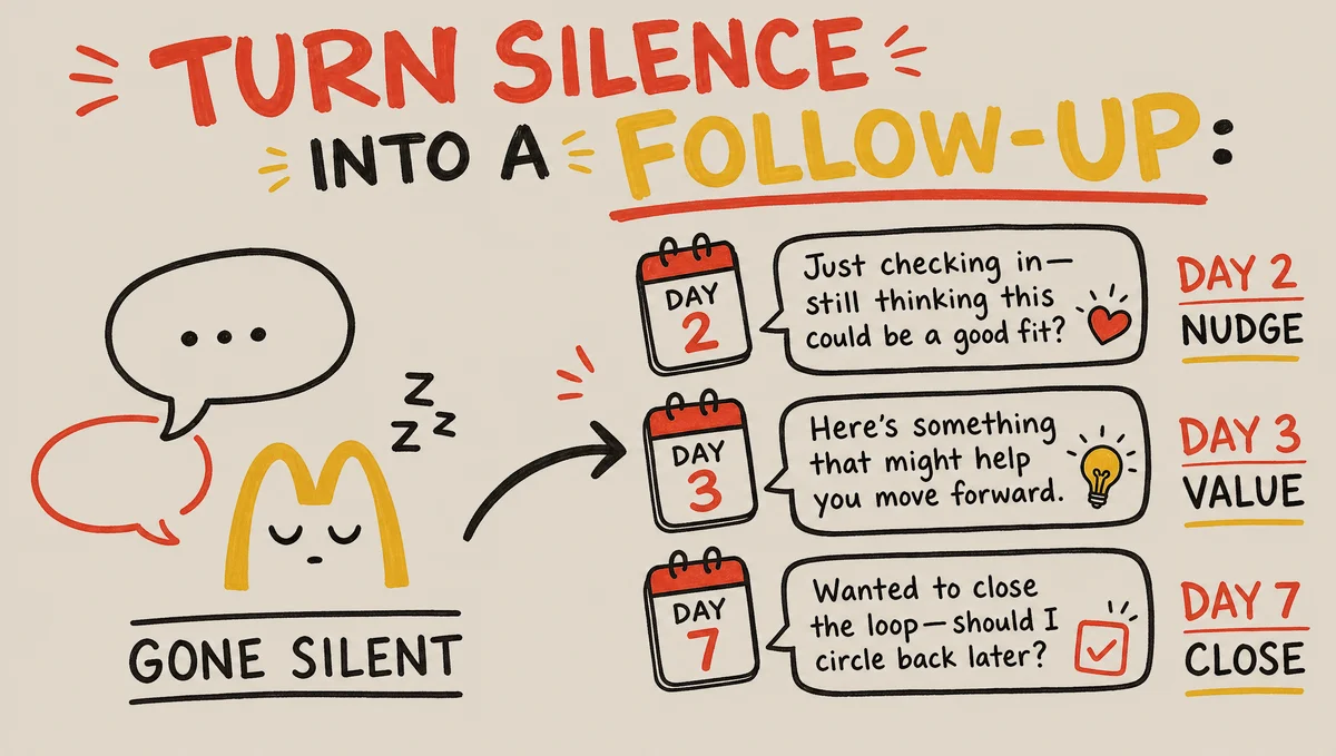 Hand-drawn touch calendar for a gone-silent lead: a gentle nudge on day two, a value-add message on day three, and a no-pressure close on day seven, each written in the team's own voice.