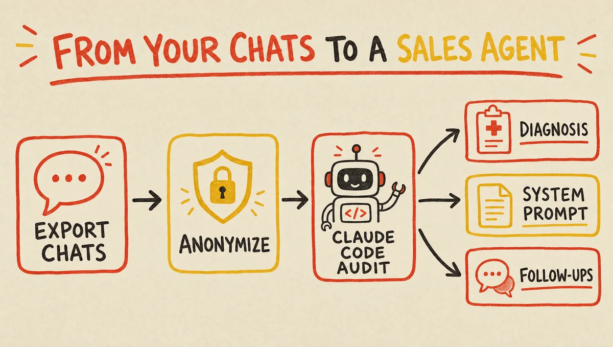 Hand-drawn pipeline diagram: export your sales chats, anonymize the personal data, run a Claude Code audit pipeline, and get three artifacts back — a diagnosis, a system prompt, and ready follow-up messages.