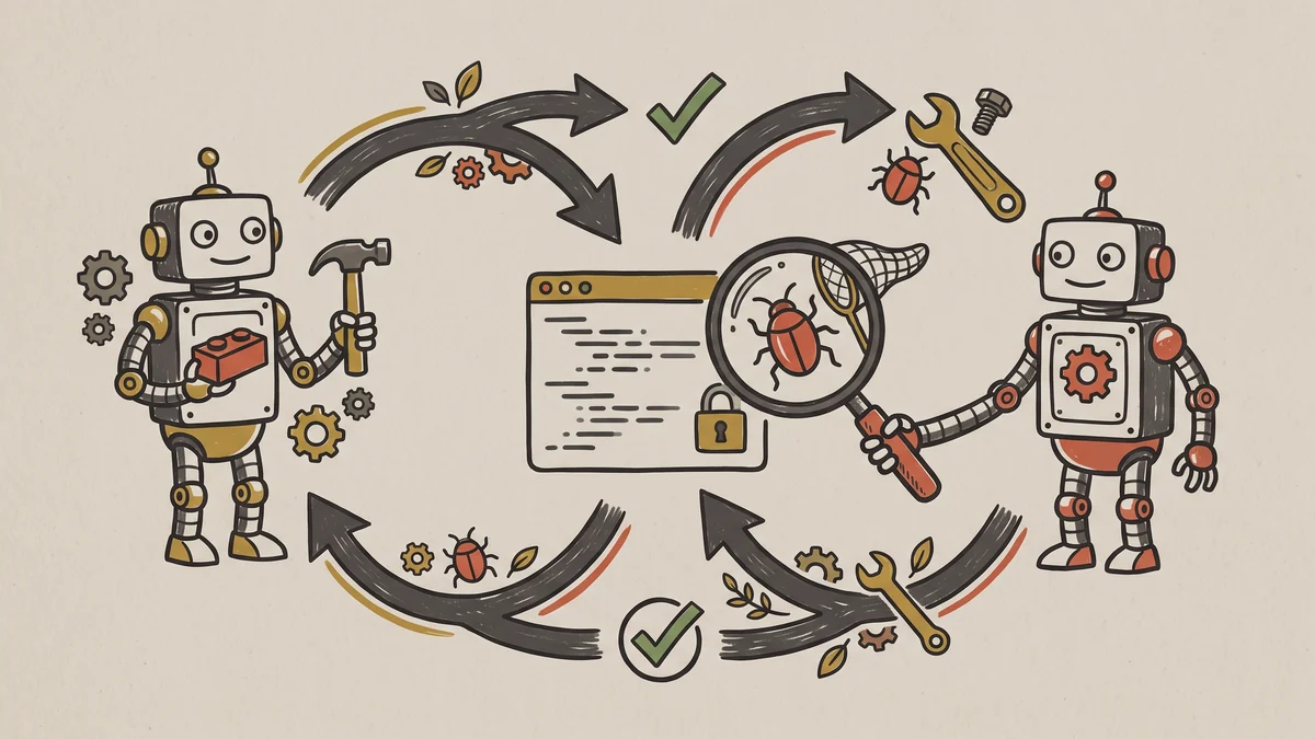 Workflow diagram: one robot builds with a hammer while the other reviews a code repository with a magnifying glass, catching a bug and fixing it with a wrench, arrows forming a build-review-fix-merge loop between the two agents.