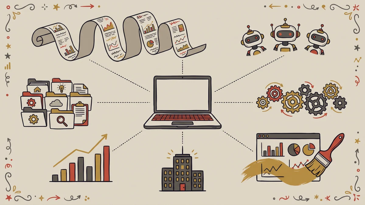 Radial infographic of Claude Code's strengths around a laptop: a long context scroll, three sub-agent robot heads, a chain of automation gears, a paintbrush polishing a dashboard, an enterprise building, and tidy organised files.