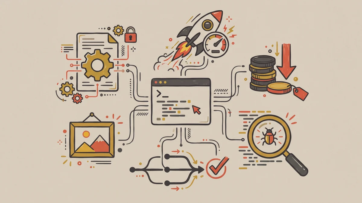 Radial infographic of Codex's strengths around a terminal window: a rocket with a speed gauge, a coin stack with a down-arrow for lower cost, a magnifying glass catching a bug, a git branch merging with a checkmark, an image-frame icon, and a config document.