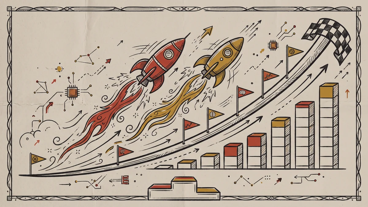 Infographic of a capability race: two rockets, one red and one gold, climbing a rising line chart past milestone flags toward a checkered finish flag, with ascending benchmark bars and a podium below.