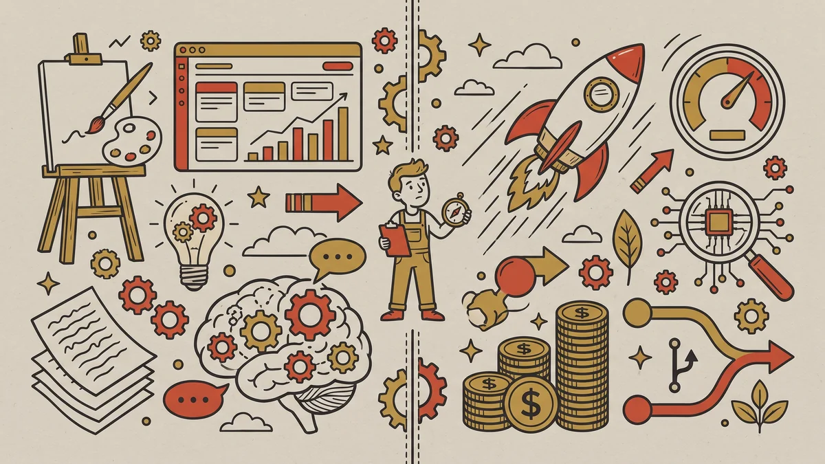 Split infographic contrasting the design-and-thinking side (easel, polished dashboard, gear-filled brain, lightbulb) with the speed-and-shipping side (rocket, speed gauge, magnifying glass, coin stacks, git branch), a person choosing between them in the middle.