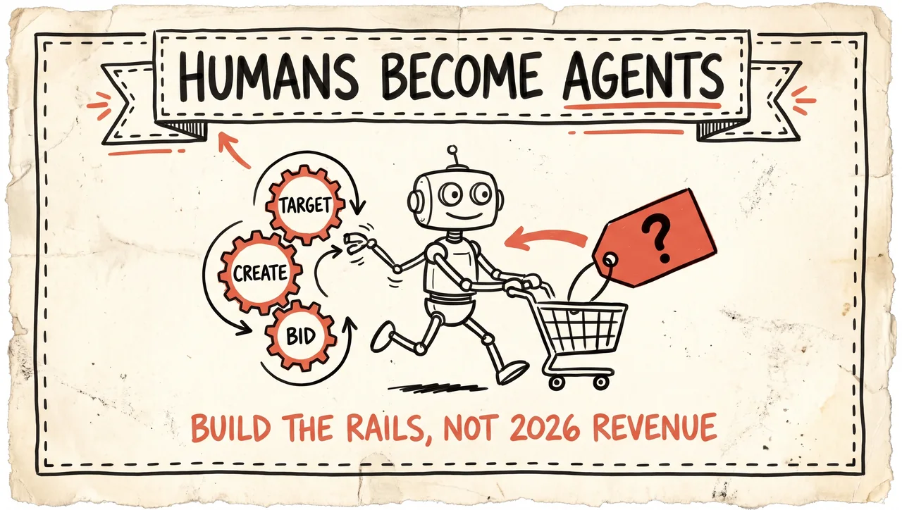 Doodle of a robot running a target, create, and bid loop while pushing a shopping cart, with a note reading build the rails, not 2026 revenue.