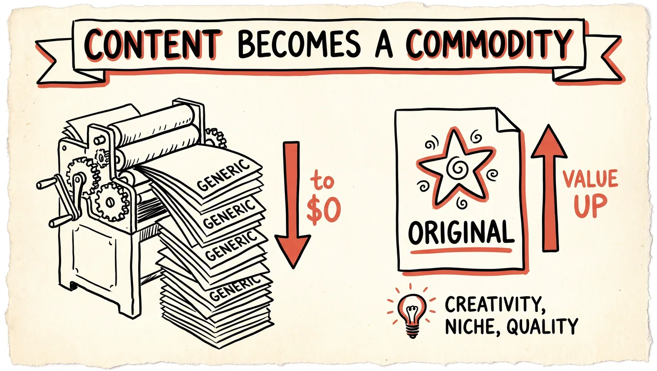 Sketch of a printing press spilling a stack of identical 'generic' pages toward zero dollars, beside one distinct 'original' page whose value rises.