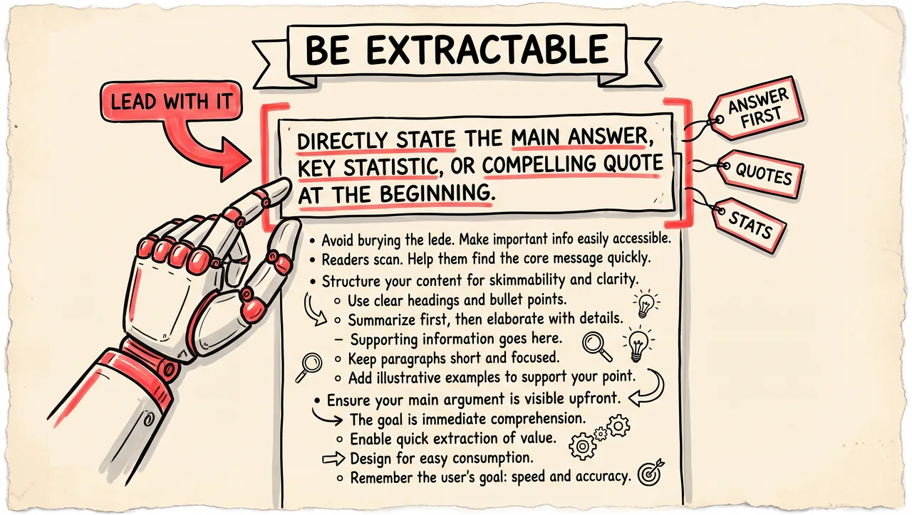 Doodle of a robot hand lifting a clean highlighted line from the top of a page, with tags reading answer first, quotes, and stats.