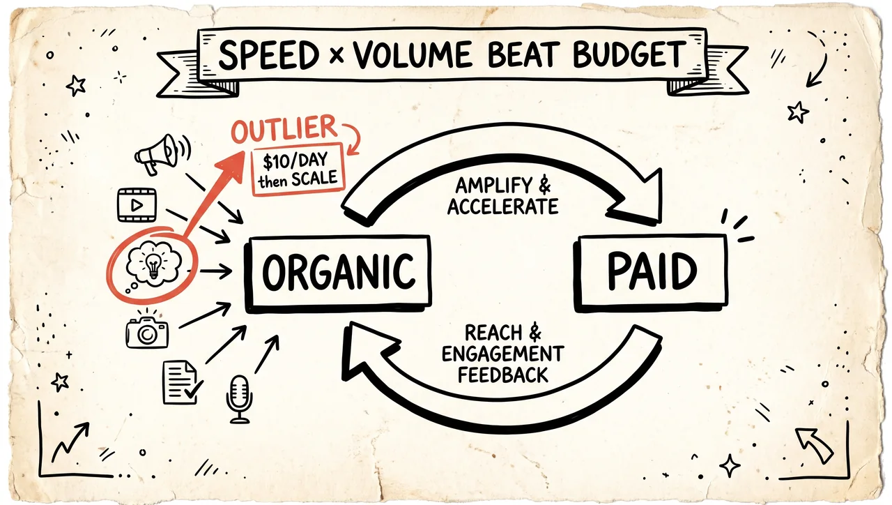 Hand-drawn loop between 'organic' and 'paid' boxes; many small content pieces feed in, one is circled as the 'outlier' and scaled up, labelled $10 a day then scale.