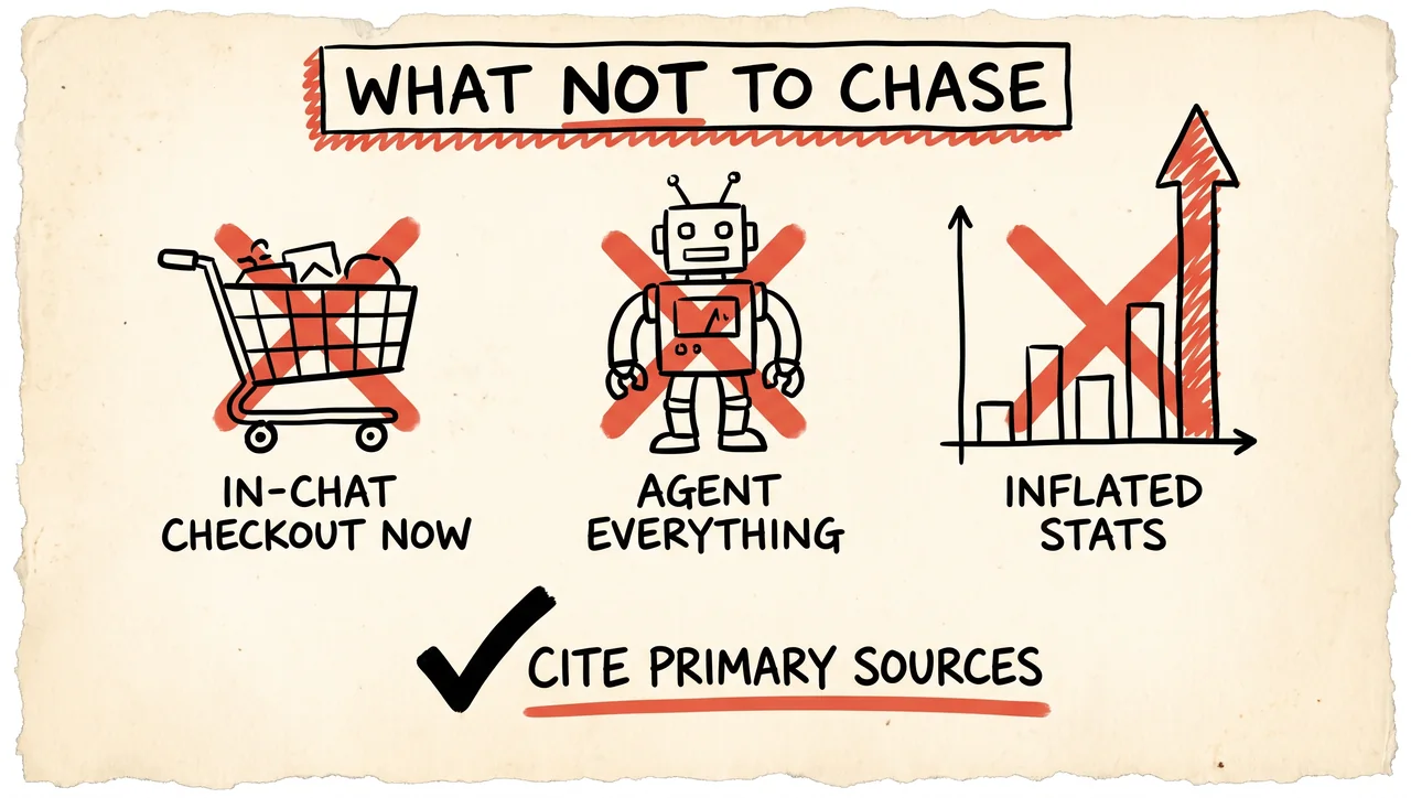 Three sketched items crossed out in red — in-chat checkout now, agent everything, and inflated stats — above a checkmark reading cite primary sources.