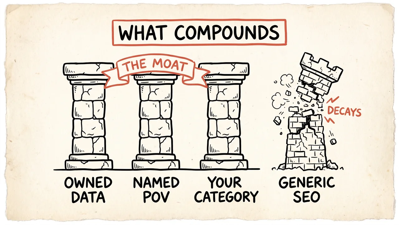 Three sketched pillars labelled owned data, named POV, and your category under a banner reading 'the moat', beside a crumbling 'generic SEO' tower.