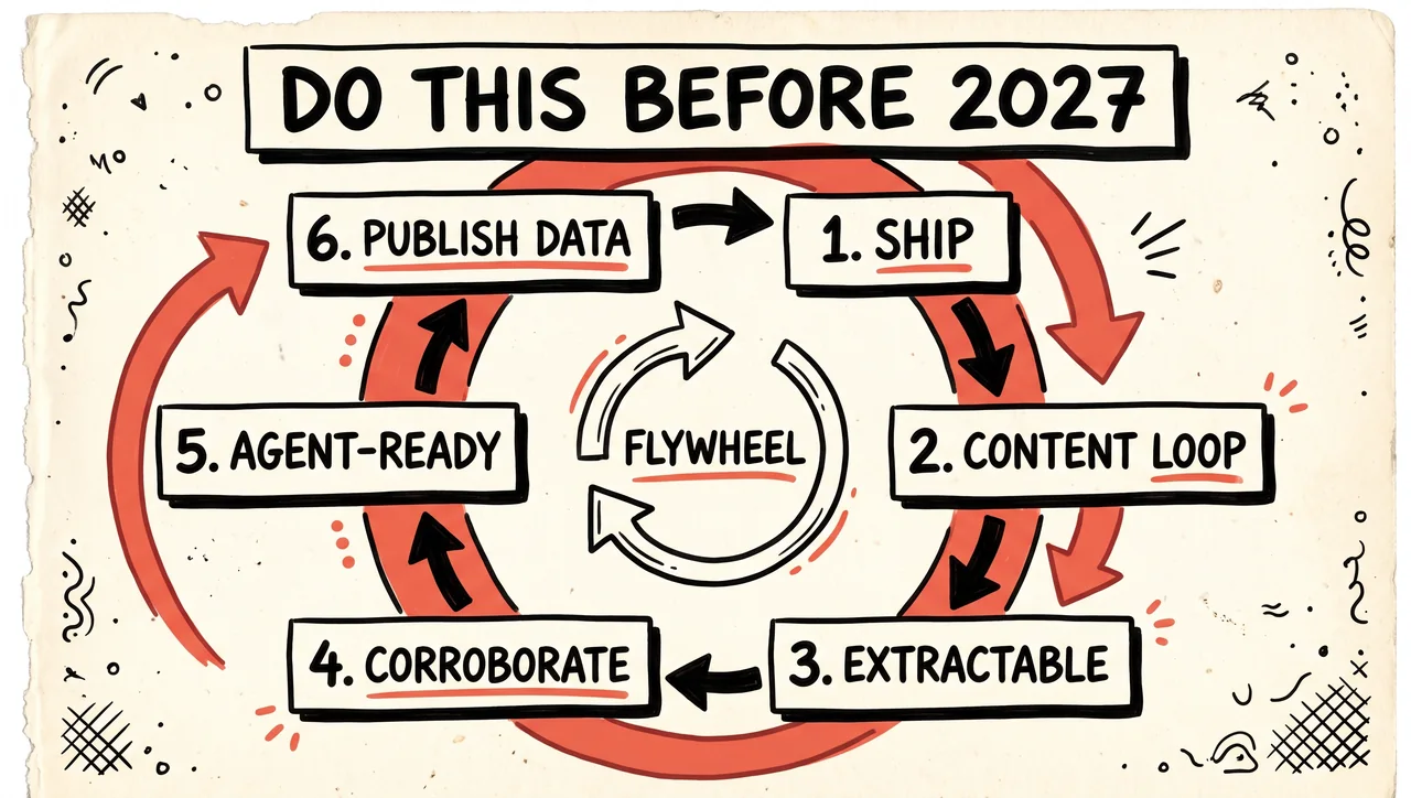 Hand-drawn flywheel of six numbered steps: ship, content loop, extractable, corroborate, agent-ready, and publish data.