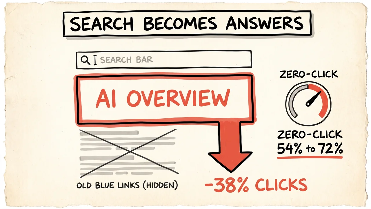Sketch of a search bar with a large 'AI Overview' box hiding the old blue links, a red arrow marked minus 38 percent clicks, and a meter showing zero-click search rising from 54 percent to 72 percent.