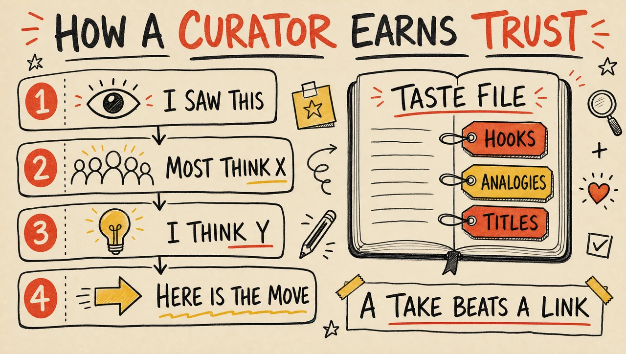 Hand-drawn four-step structure for a curator's short video — 'I saw this', 'most people think it means X', 'I think it actually means Y', 'here's the move' — beside a taste file of saved hooks and analogies.