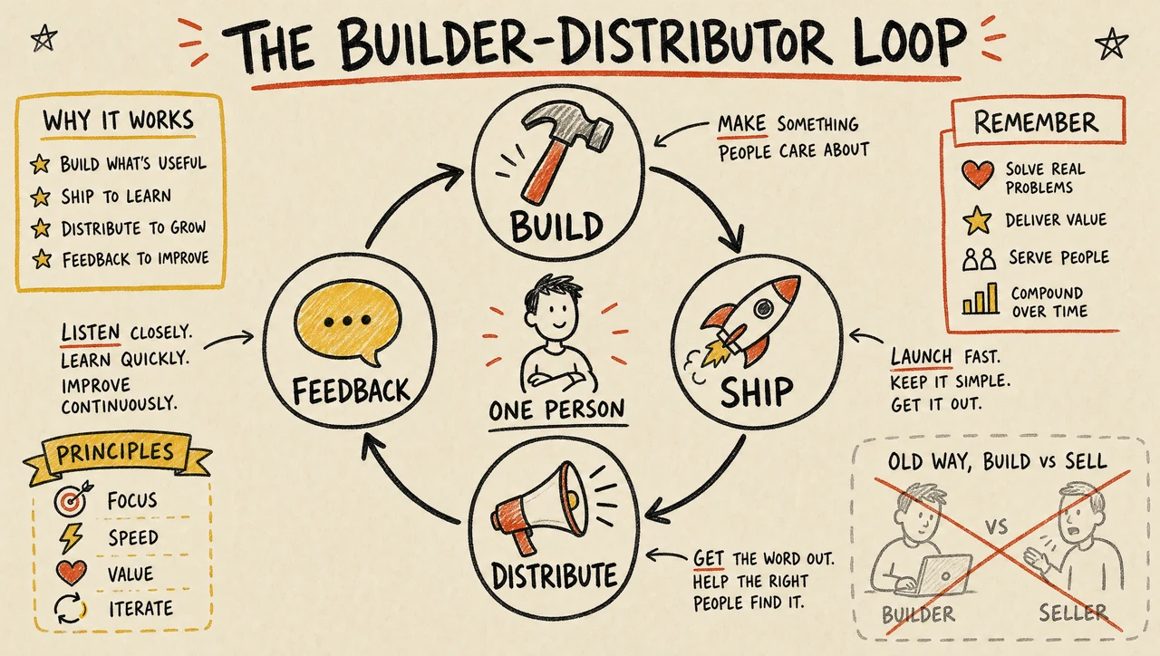 Hand-drawn loop of the builder-distributor: build a small version, ship it, distribute it, gather feedback, and improve — one person doing the whole cycle that used to be split between a builder and a marketer.