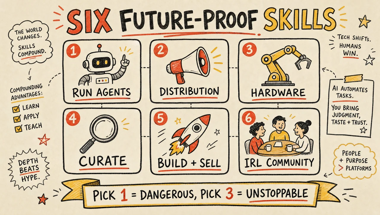 Hand-drawn diagram of the six future-proof skills as a stack — running agents, distribution, hardware, curation, builder-distributor, and in-real-life community — with a note that picking one makes you dangerous and picking three makes you unstoppable.