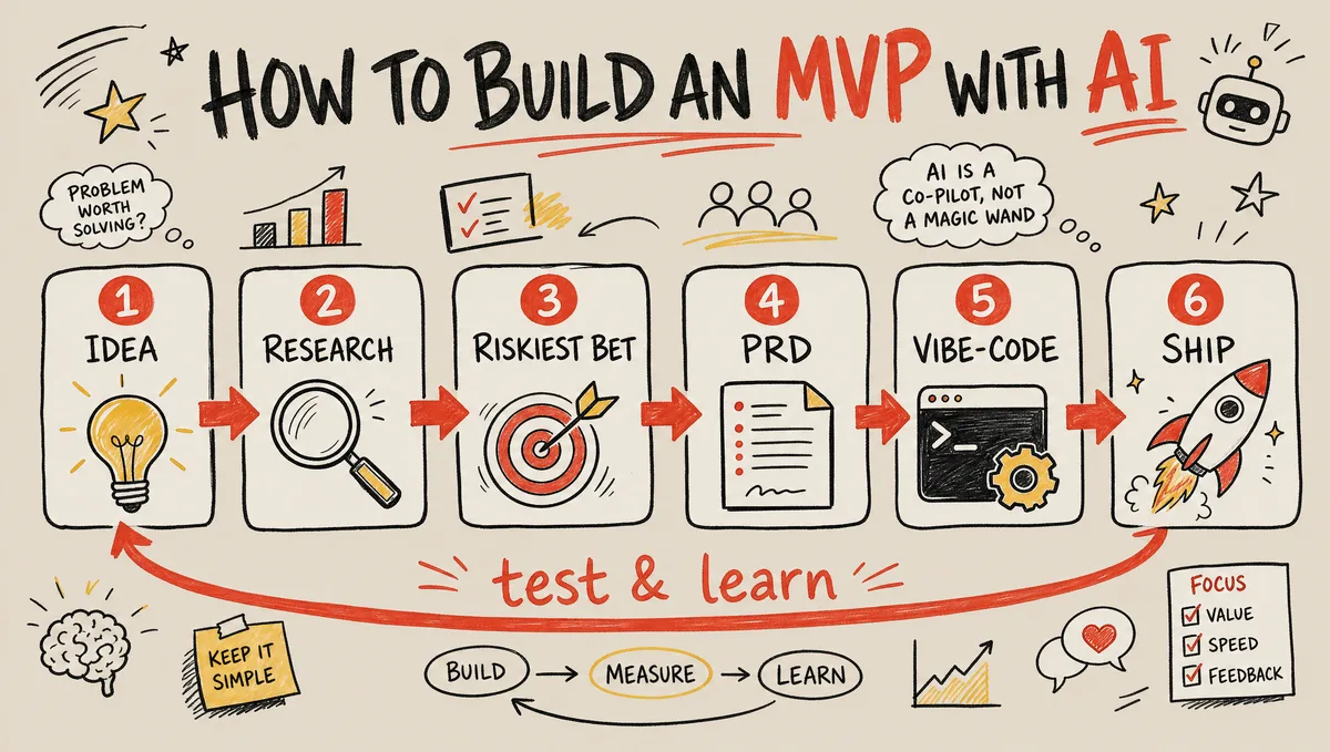 Hand-drawn six-stage pipeline for building an MVP with AI — idea, market research, riskiest bet, PRD, vibe-code, ship — drawn as labeled boxes joined by arrows, with a loop-back arrow labeled 'test and learn' returning from ship to idea.