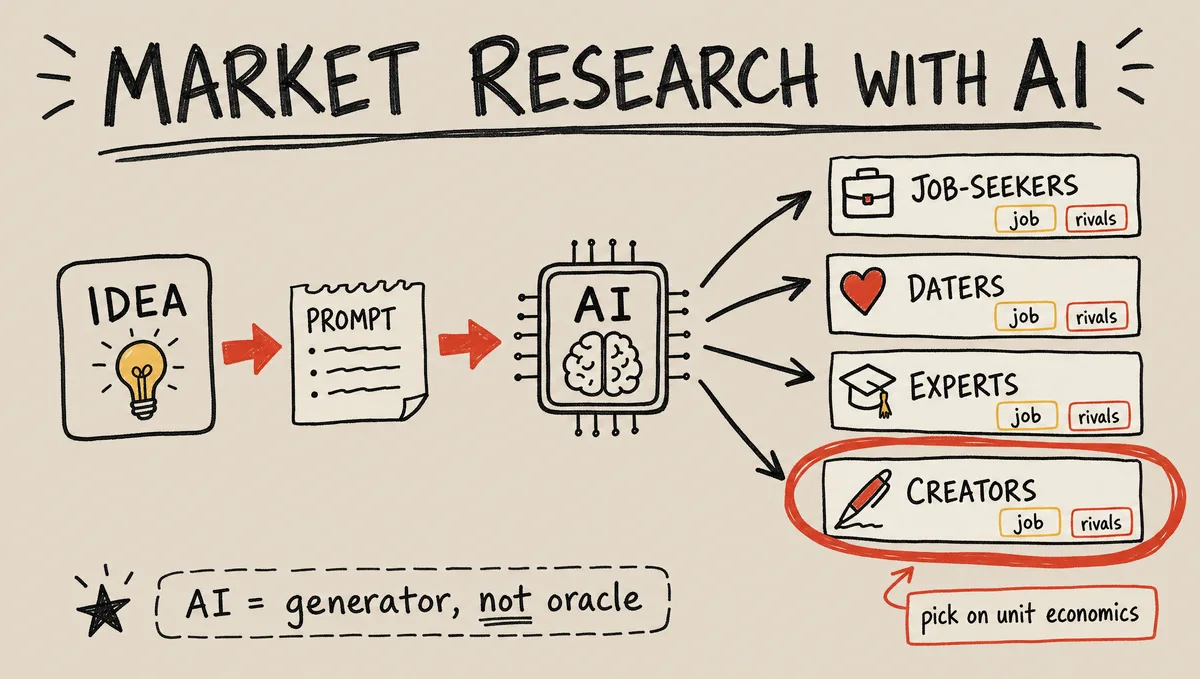 Hand-drawn market-research-with-AI diagram — an idea box feeds a prompt into an AI, which fans out into several segment cards each tagged with a 'job' and 'competitors', and one segment is circled 'pick on unit economics'; a side note reads 'AI = generator, not oracle'.