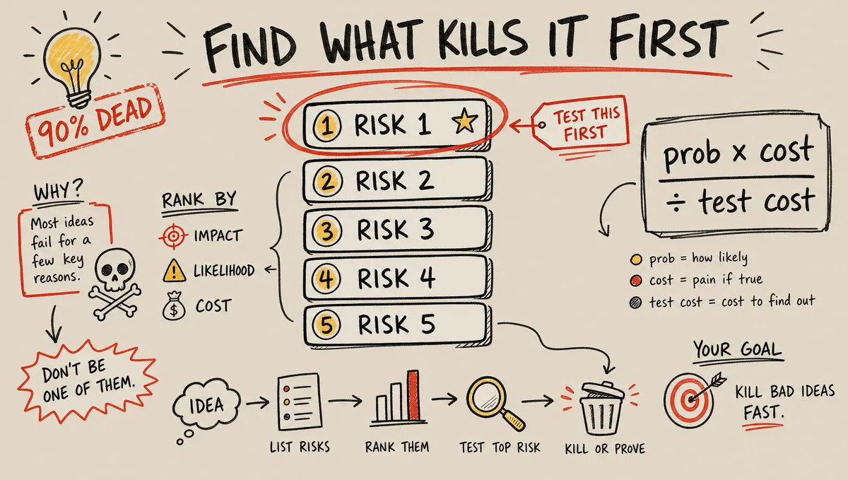 Hand-drawn diagram of the riskiest-assumption test — a new idea stamped '90% dead', five risk cards ranked, a small formula box reading 'probability × cost ÷ test cost', and the top card starred 'test this first'.