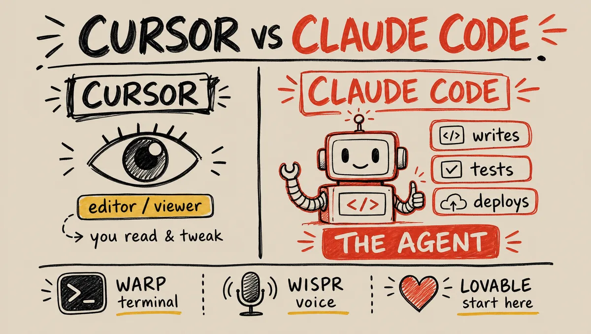 Hand-drawn tool comparison for building an MVP — Cursor shown as an 'editor / viewer' with an eye icon, Claude Code shown as 'the agent' robot that writes, tests and deploys, plus three small tags: Warp (terminal), Wispr Flow (voice), and Lovable (start here).