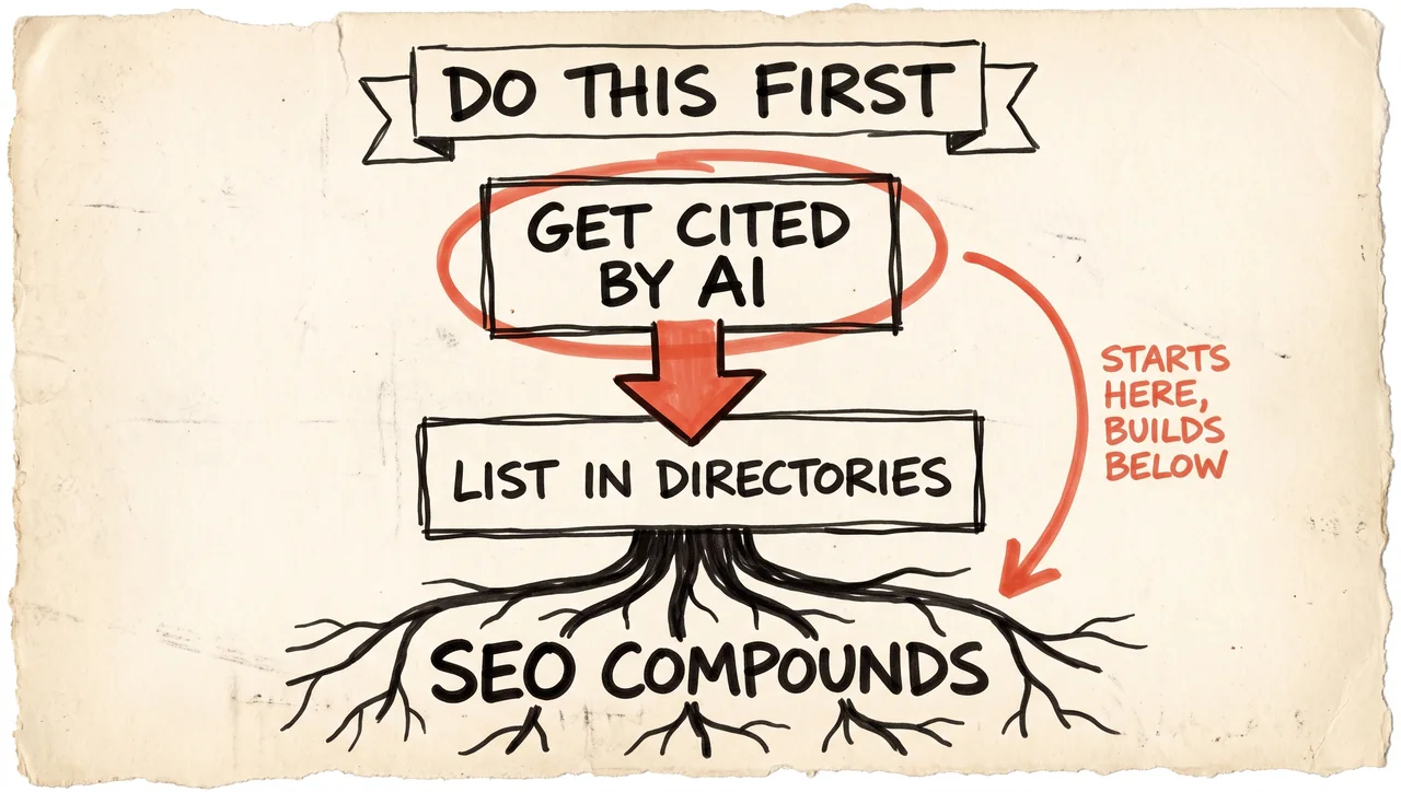 Sketch of the order of operations for a new site: get cited by AI, then list in directories, with SEO compounding underneath like roots over time.