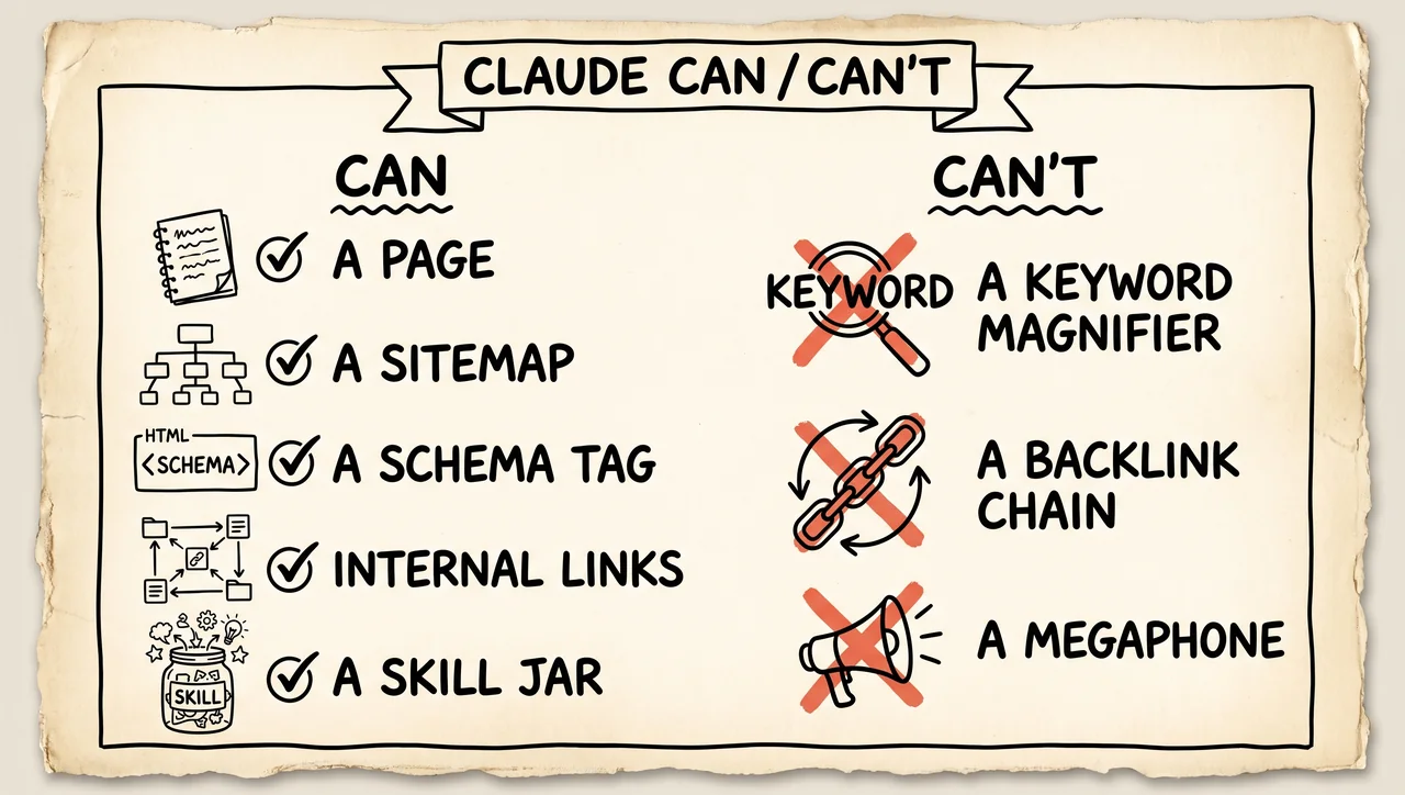Hand-drawn two-column chart: what Claude Code CAN do (build a page, sitemap, schema, internal links, a skill) versus what it CAN'T (pick keywords, build backlinks, do distribution), the can'ts crossed out in red.