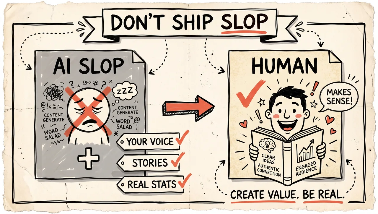 Before/after sketch: a dull 'AI slop' page plus your voice, stories, and real stats becomes a lively 'human' page readers stay on.