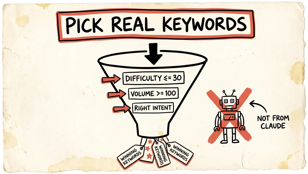 A funnel filtering keywords by difficulty under 30, volume over 100, and the right intent down to a few winning keywords, with a robot crossed out: don't get keywords from Claude.