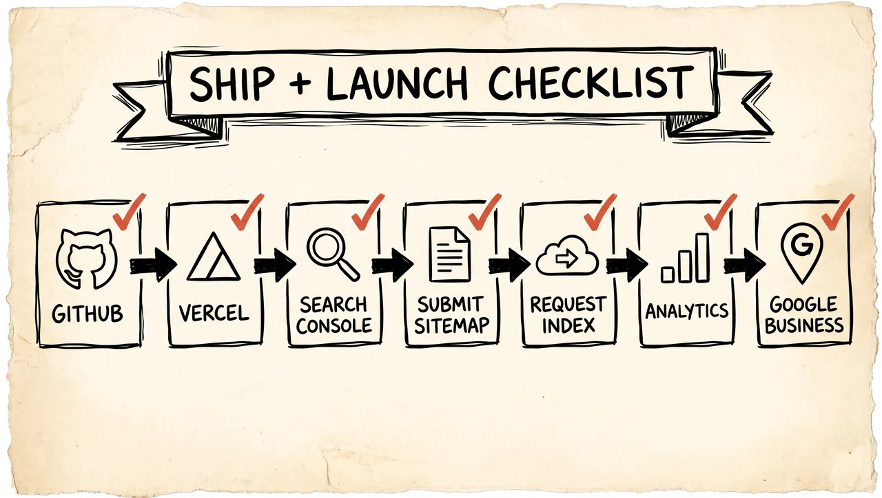 Hand-drawn launch checklist flow: GitHub, Vercel, Search Console, submit sitemap, request indexing, analytics, Google Business Profile.