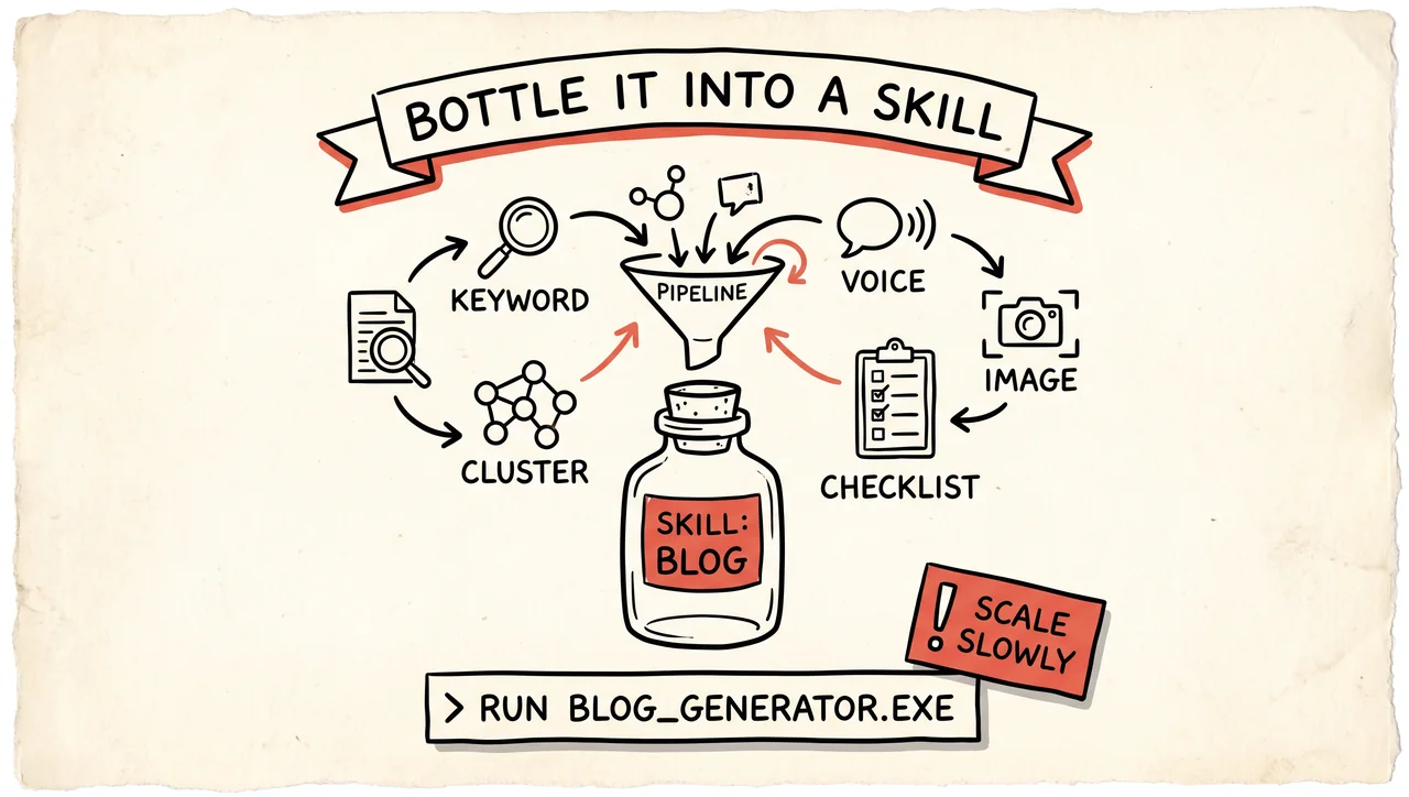 Sketch of bottling the whole pipeline (keyword, cluster, voice, checklist, image) into a reusable 'blog' skill run by one command, with a 'scale slowly' caution.