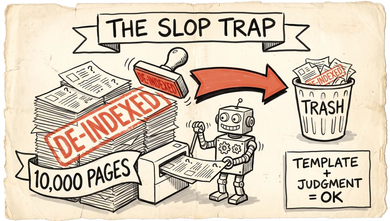 Doodle of a robot printing 10,000 identical pages getting stamped 'de-indexed' into the trash, with a note: template plus judgment is fine.