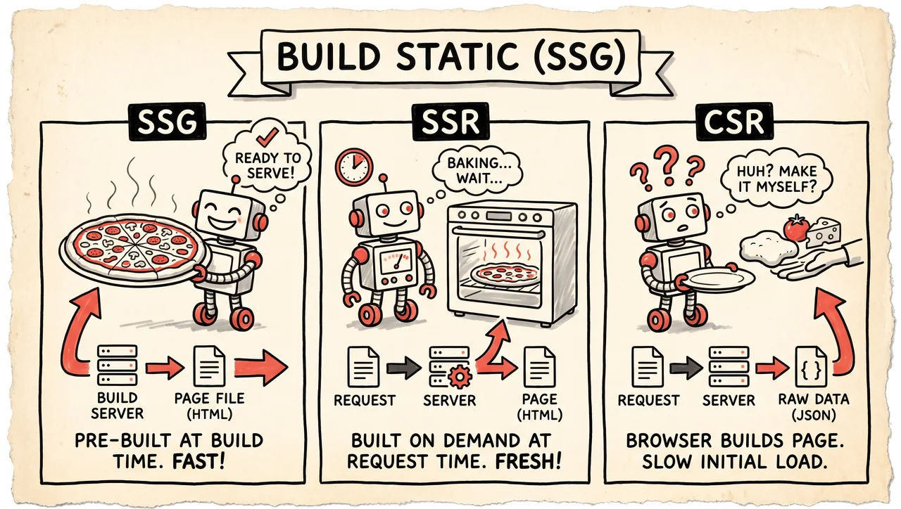Pizza analogy in three panels: SSG is a finished pizza served instantly so the crawler gets the whole page, SSR is still baking, CSR is raw dough — pre-rendered HTML is the safest to crawl.
