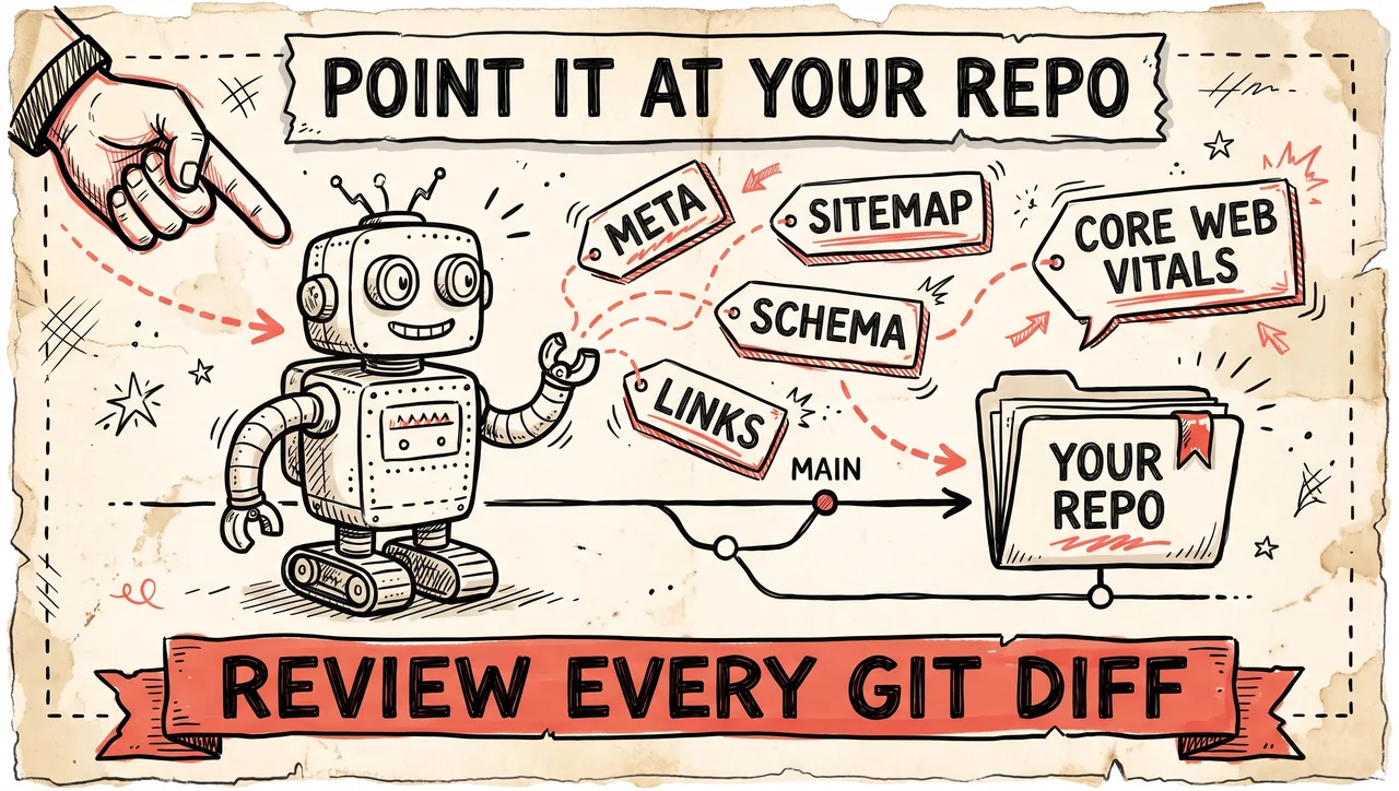 Doodle of pointing Claude Code at your own repo on a git branch to fix meta, sitemap, schema, links, and Core Web Vitals — reviewing every git diff before merge.