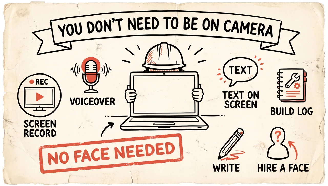 Menu of faceless ways to make content — screen-record, voiceover, text-on-screen, build log, write, hire a face — with a 'no face needed' stamp.