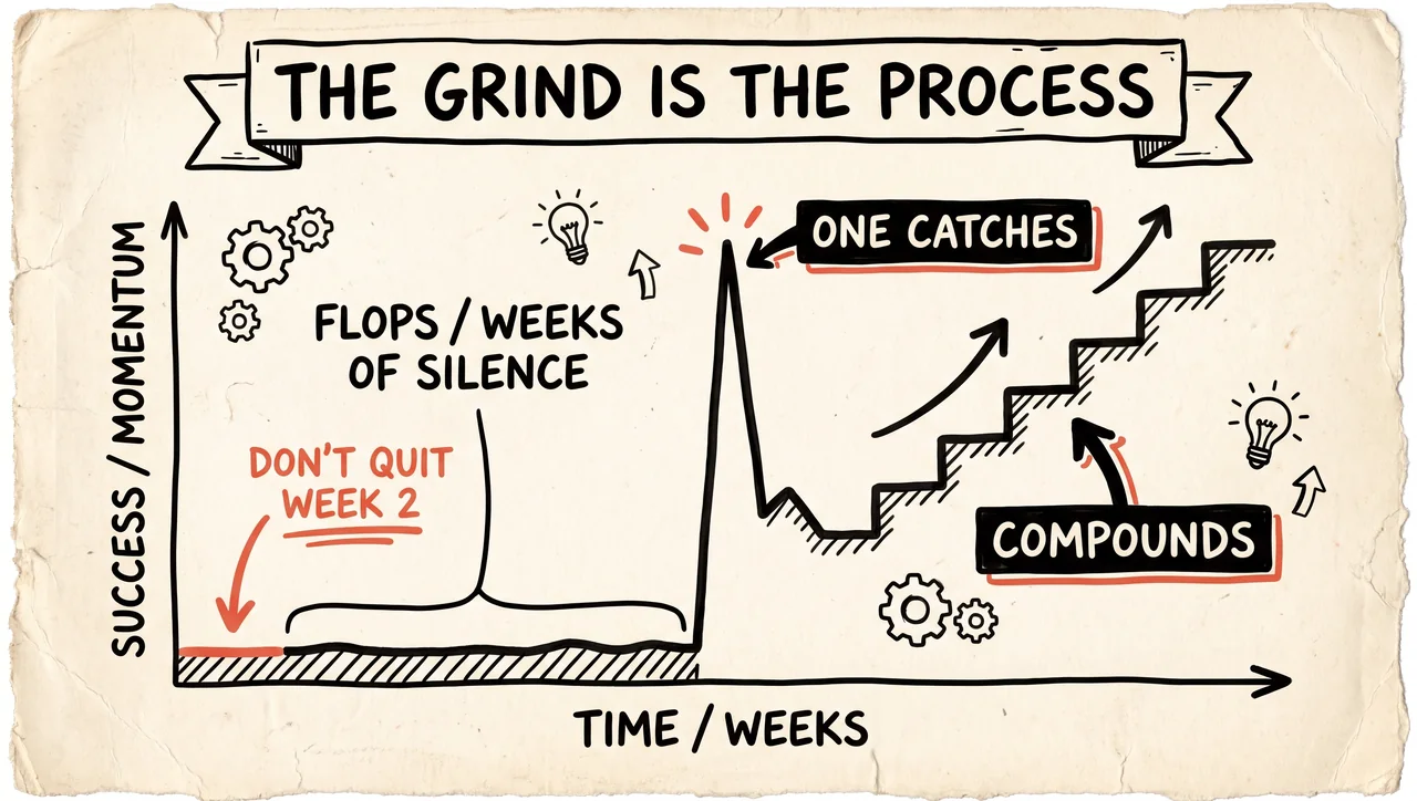Hand-drawn curve: weeks of flat flops, then one post catches, then slow compounding, with a note 'don't quit week 2'.