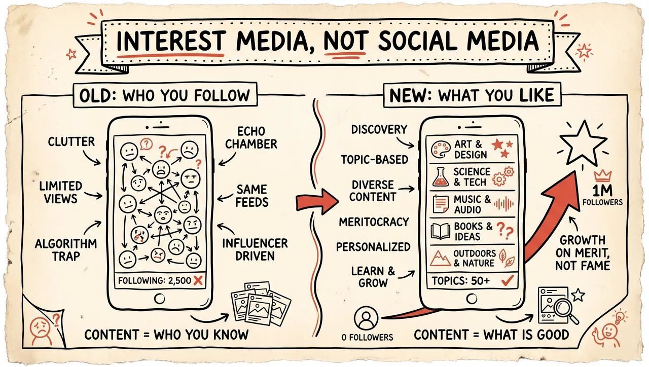 Before-and-after sketch: the old feed showed who you follow; the new feed shows what you're interested in, letting a zero-follower account out-reach a giant.
