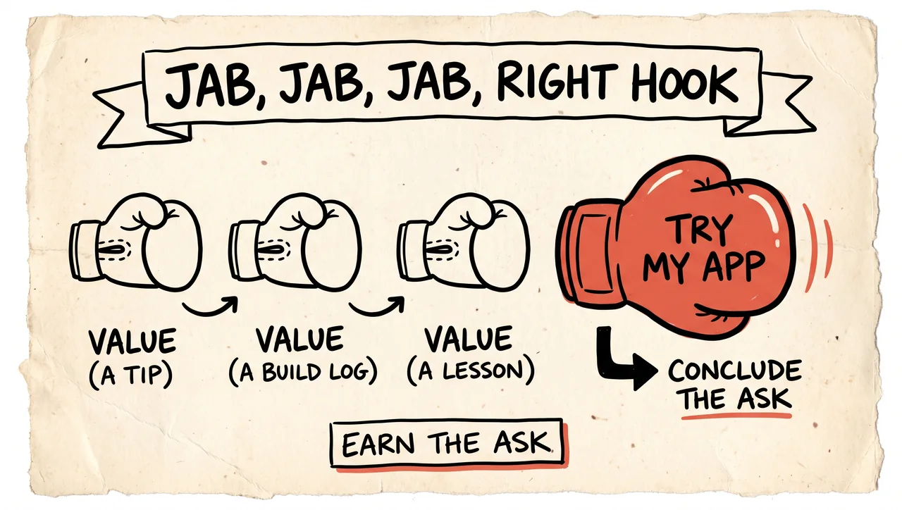 Boxing metaphor: three 'value' jabs then one red 'try my app' hook, with a note to earn the ask.