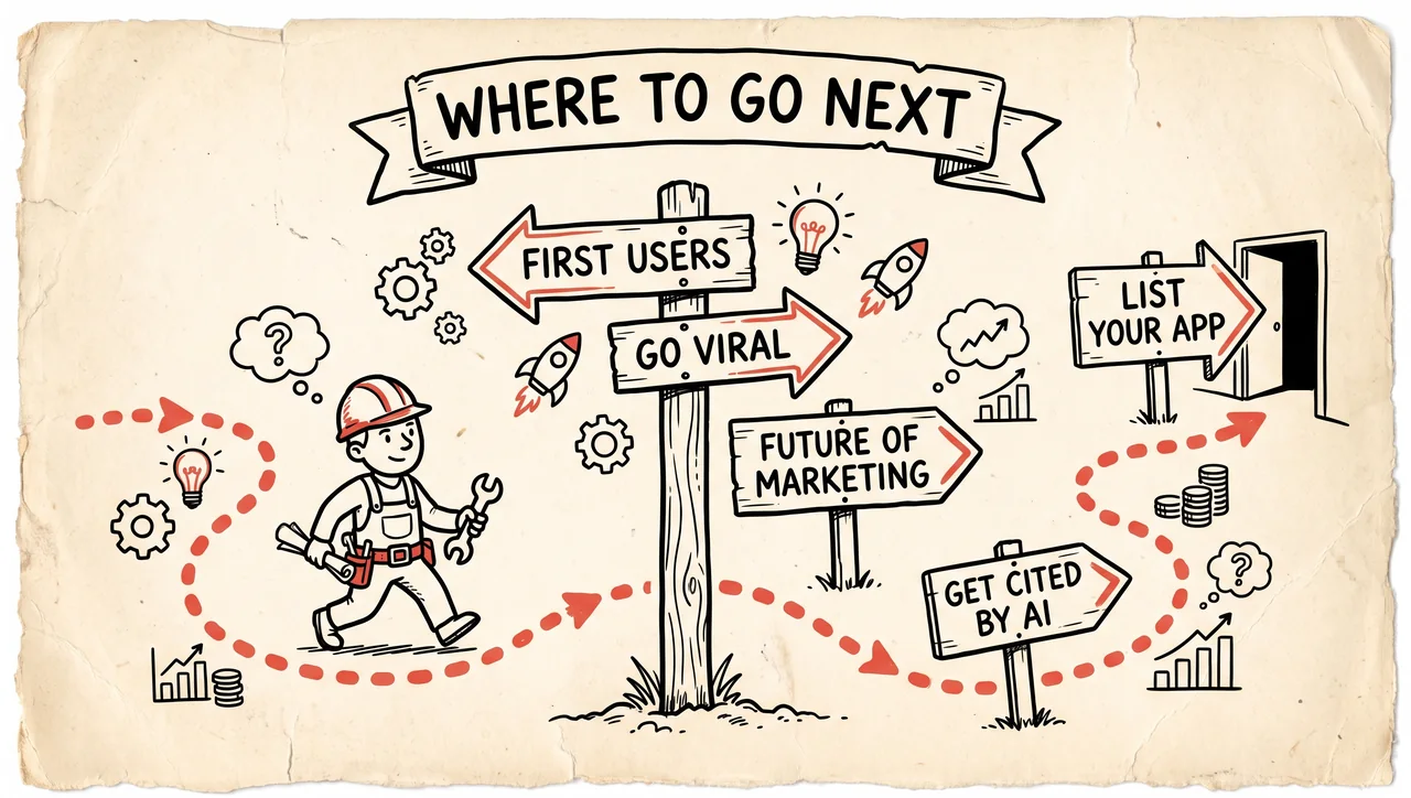 A signpost roadmap pointing to first users, go viral, the future of marketing, getting cited by AI, and listing your app.
