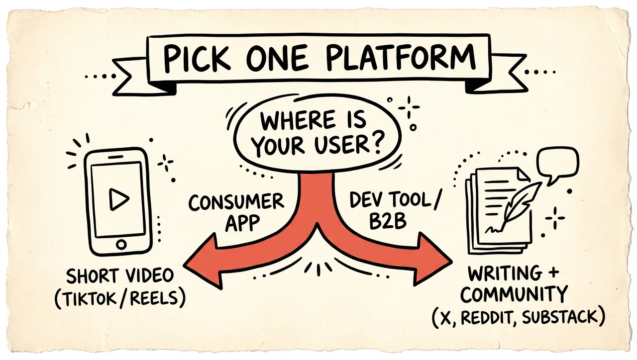 Decision fork: where is your user? A consumer app goes to short video; a dev tool or B2B product goes to writing and community.