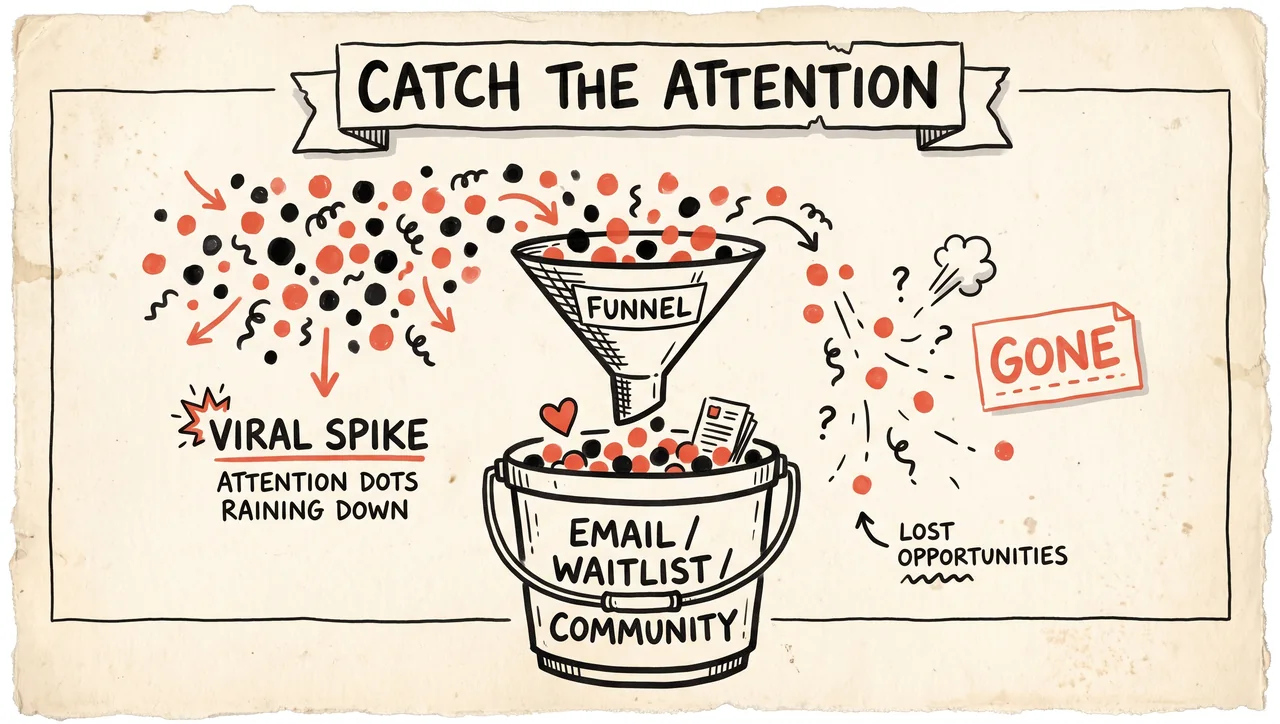 A viral spike of attention funneled into an email, waitlist, and community bucket, with missed attention evaporating.