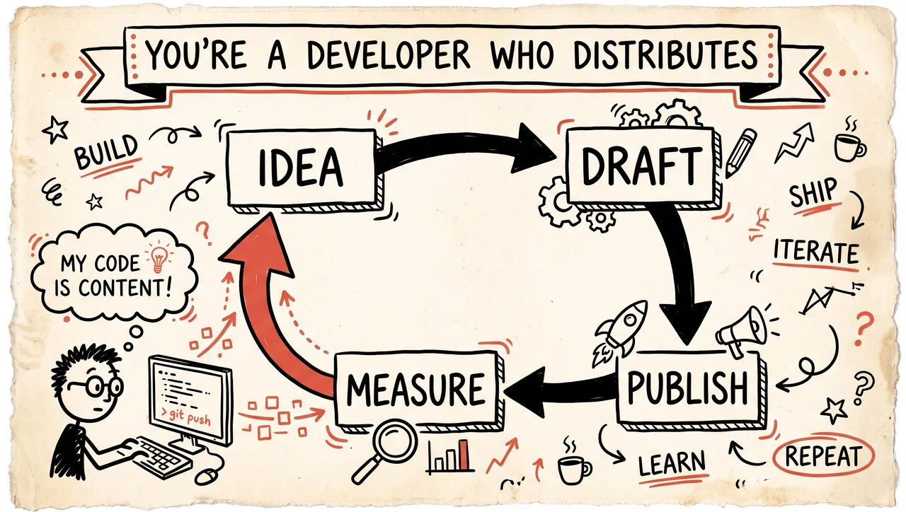 Doodle of posting drawn as an engineer's build loop — idea, draft, publish, measure — cycling like code.