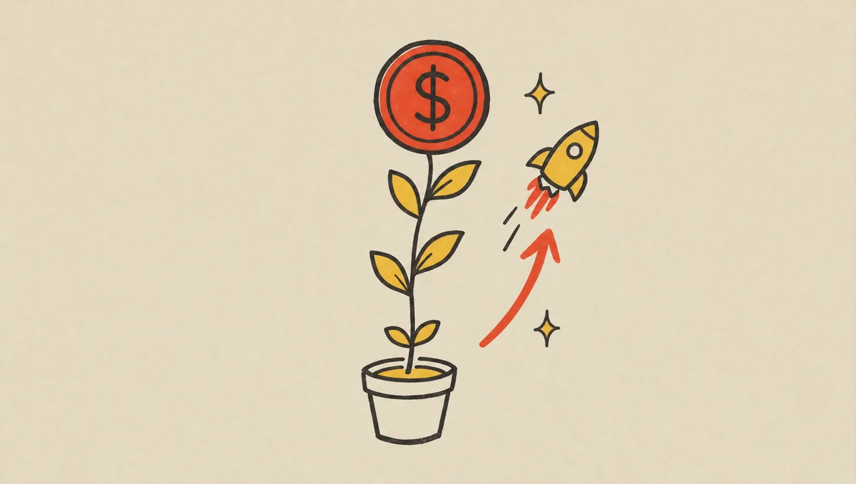 Doodle of a small sprout growing into a plant with a coin flower and a little rocket, illustrating a 90-day plan of earning a first dollar early then compounding toward revenue.