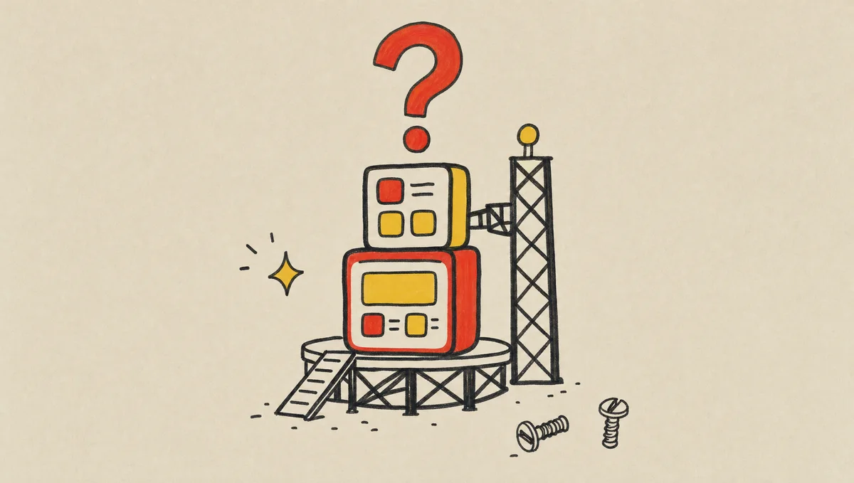 Doodle of a half-built app on a launchpad with a large question mark over it, illustrating that the risk in the vibe-coding era is building the wrong thing fast, not failing to build.