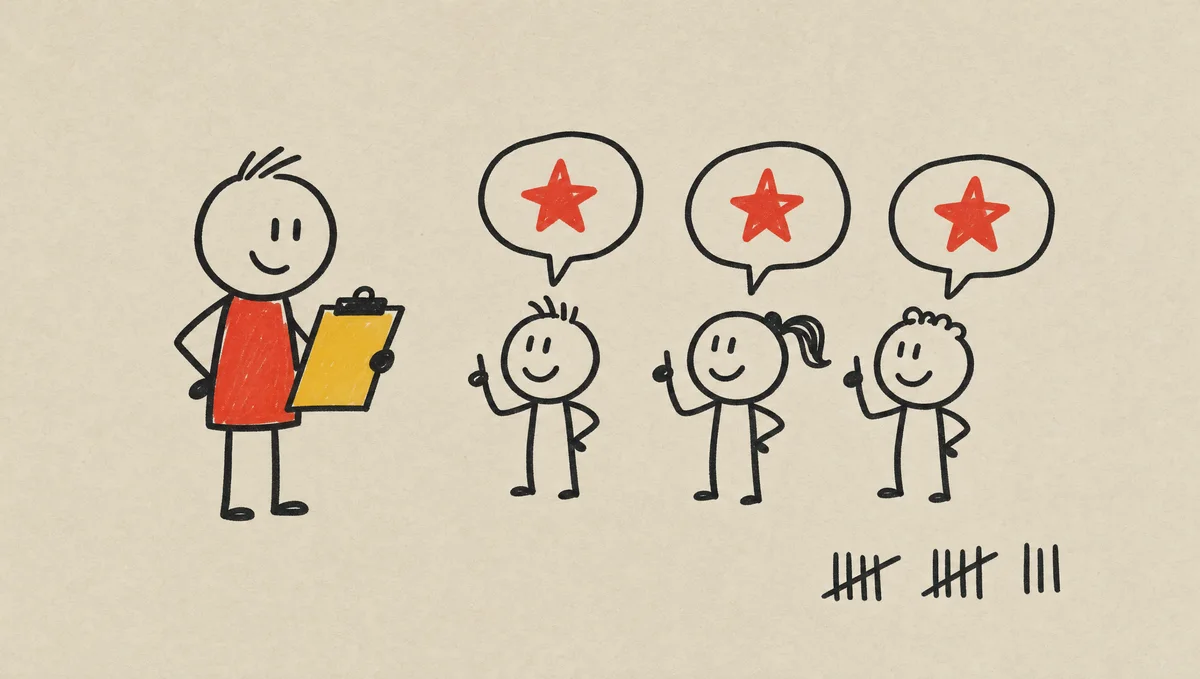 Doodle of a founder with a notepad interviewing a small row of people, with tally marks showing the same answer repeating, illustrating that about eight to ten interviews is enough to spot the pattern.