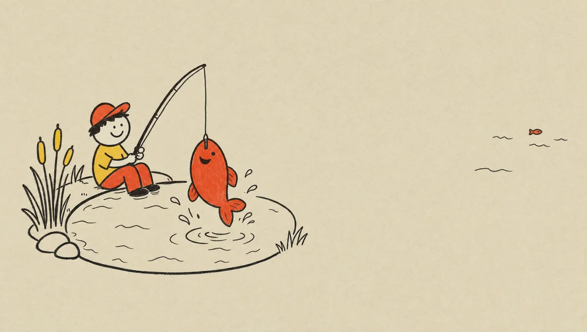 Doodle of a person fishing and catching one big fish in a small labelled pond next to a vast empty ocean, illustrating that a narrow paying niche beats chasing every user.