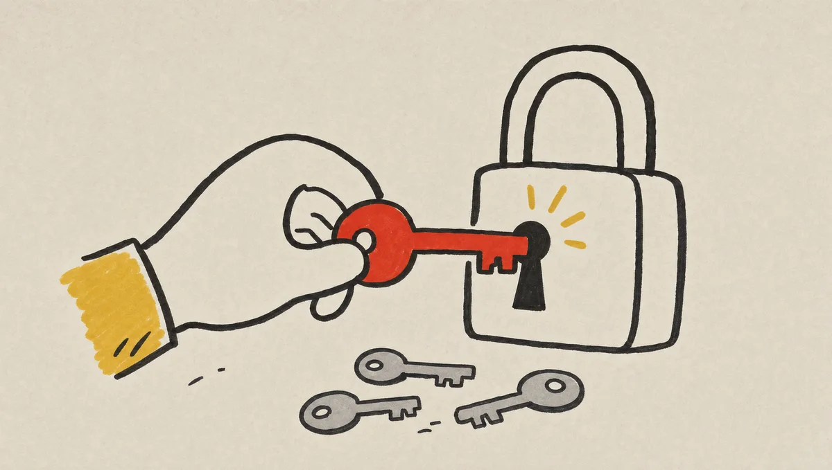 Doodle of a key fitting into a lock among several wrong keys, illustrating the single missing capability that every interviewee names becoming the product's wedge.