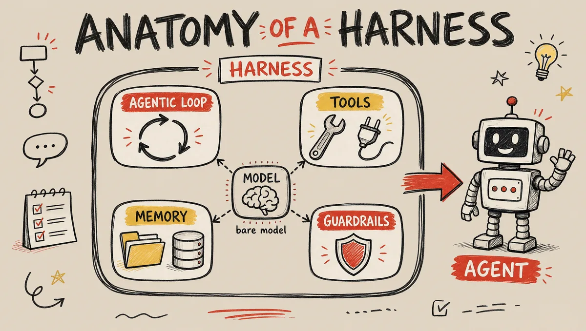 Hand-drawn anatomy of an AI agent harness — a bare language model in the center wrapped by four labeled subsystems: the agentic loop, the tool system, memory and context, and guardrails — turning a model into an autonomous agent.